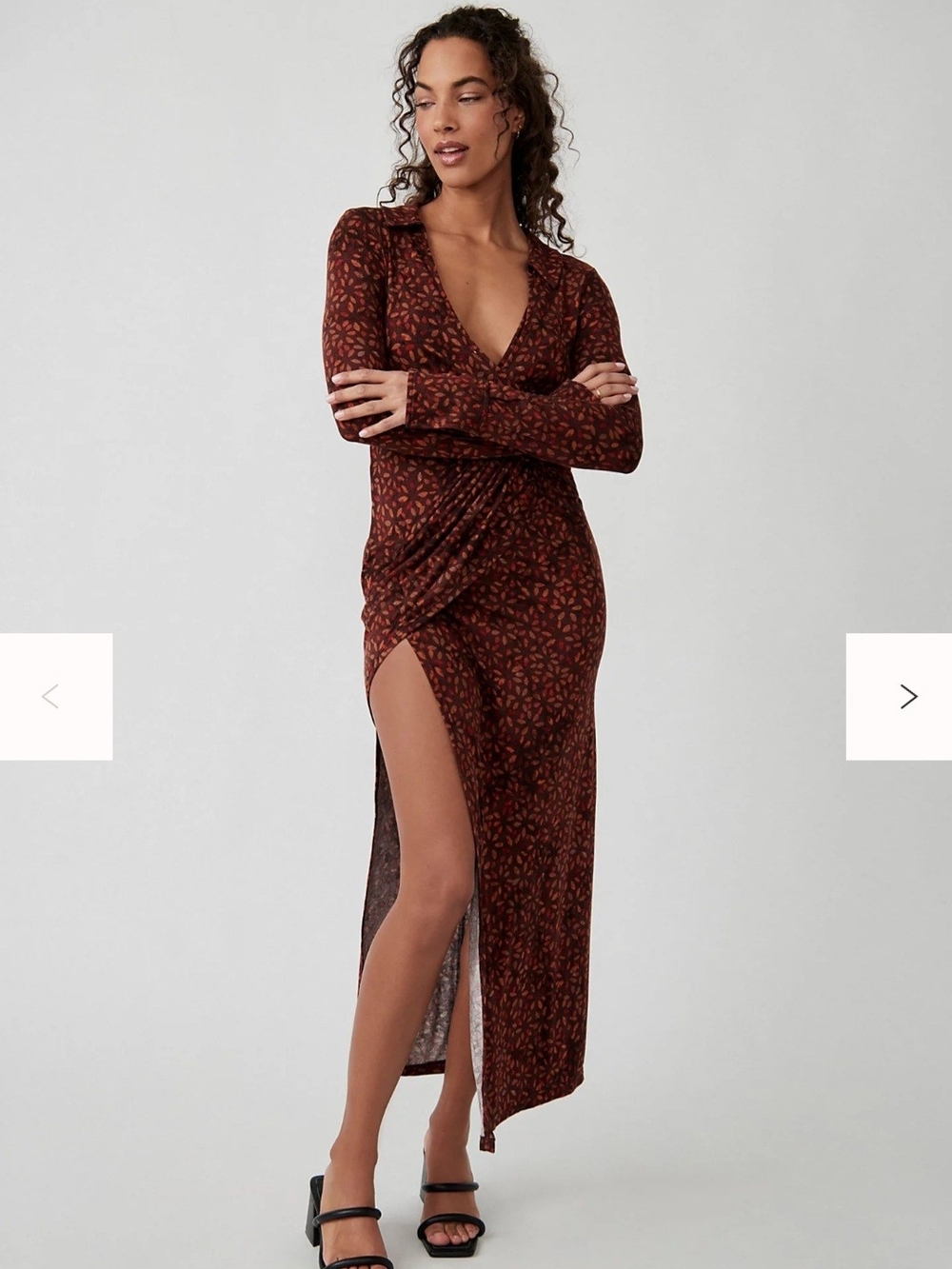 Free People Shayla Wrap Midi Dress S Chocolate Floral Long Sleeve Draped Boho FP